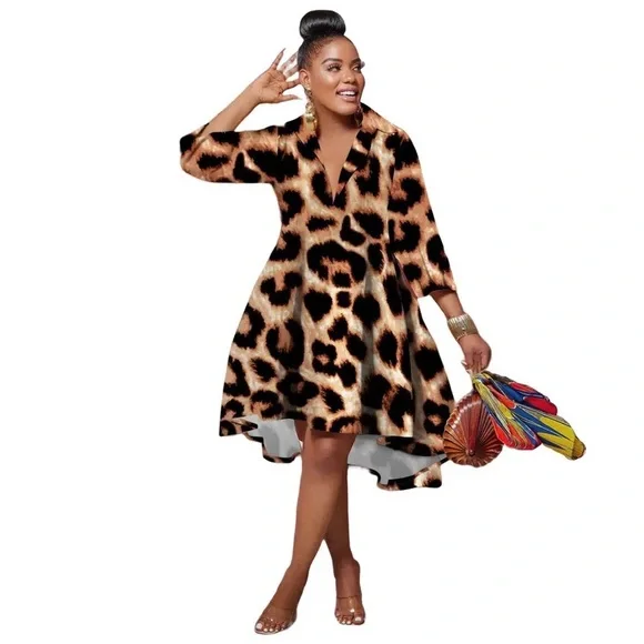 Plus Size Leopard Turn-down Neck Wrist Sleeve Big Swing Blouse Shirt Style Dress - Picture 3 of 4